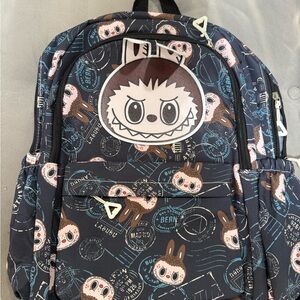 Labubu Black Backpack with adorable travel stamp design, Brand New With Tags